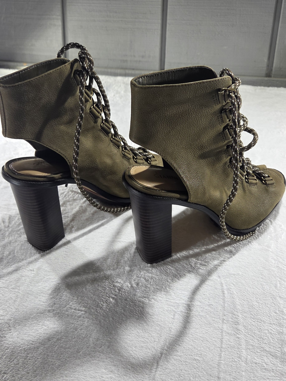 Gianni Bini Women’s Green Leather Lace-Up Open Toe Ankle Bootie Block Heel -0097